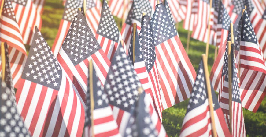 Close up of a sea of small American flags planted in a field of grass.